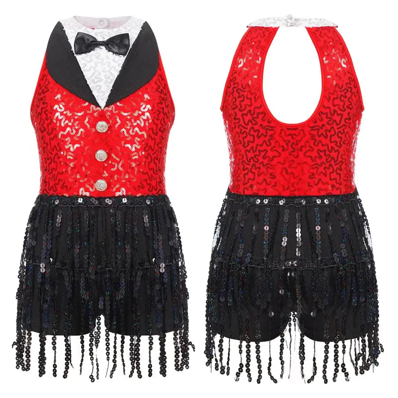 Red sequined dance costume with tuxedo-style bodice and fringed shorts.