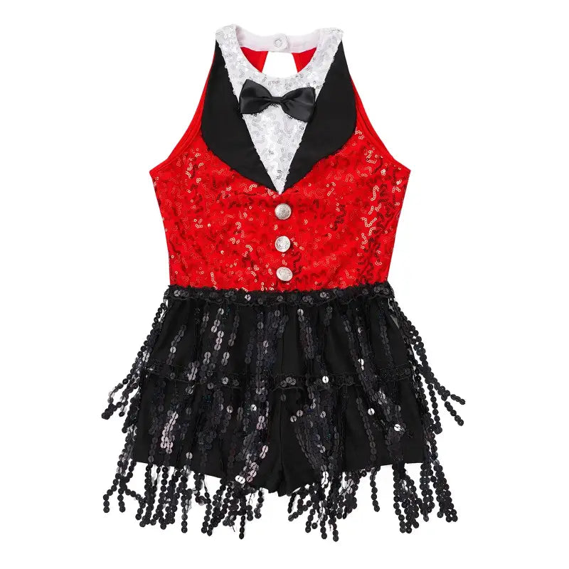 Red sequined dance costume with black tuxedo accents.