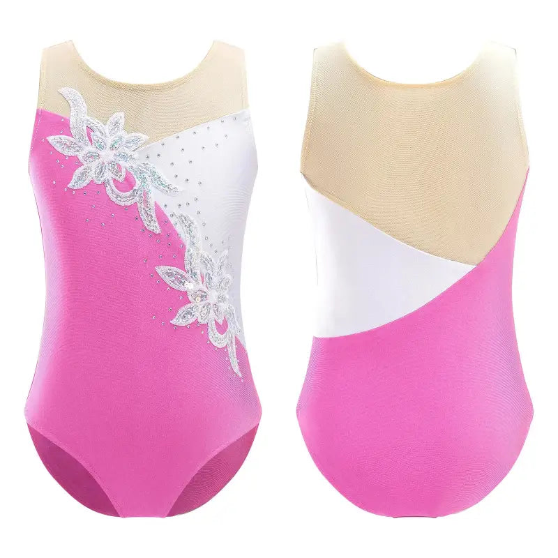 Pink and white gymnastics leotard with floral lace appliqué detailing.
