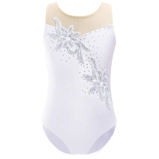 White sleeveless leotard with silver floral embellishments and mesh neckline.