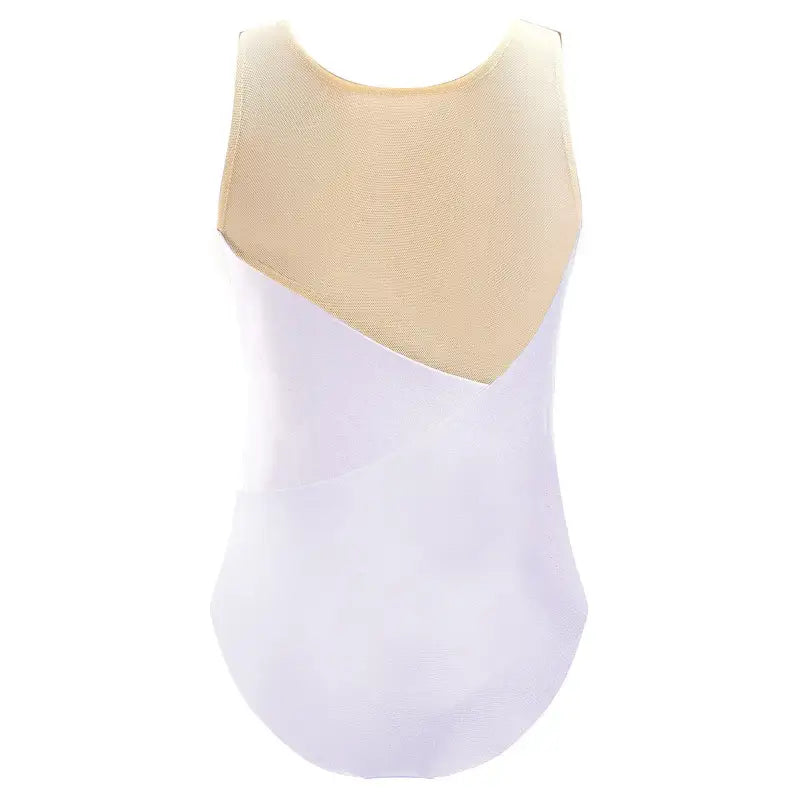 White and beige sleeveless leotard with an asymmetrical design.