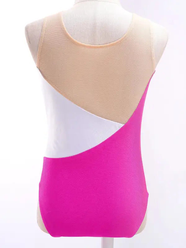 Pink and white color-blocked sleeveless leotard with a diagonal design.