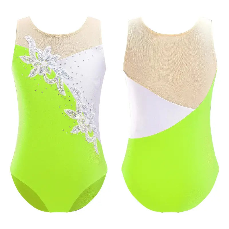 Lime green and white gymnastics leotard with floral lace appliqué detailing.