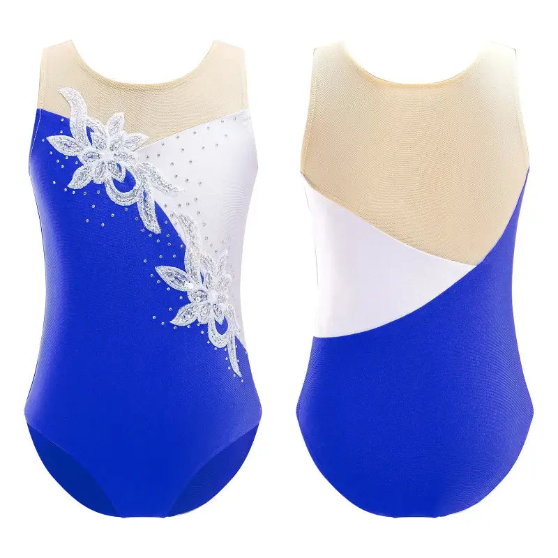 Royal blue gymnastics leotard with white floral appliqué and mesh details.