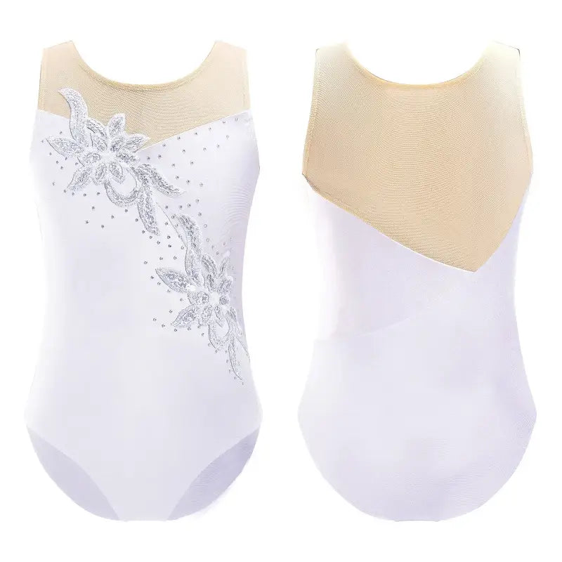 White sleeveless leotard with silver floral embellishments and mesh detail.