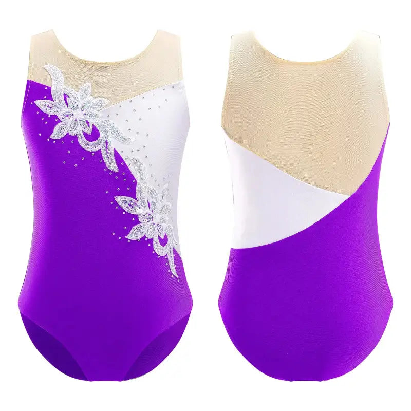 Purple and white gymnastics leotard with floral lace appliqué detailing.