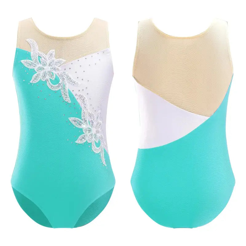 Turquoise and white gymnastics leotard with floral lace appliqué detailing.