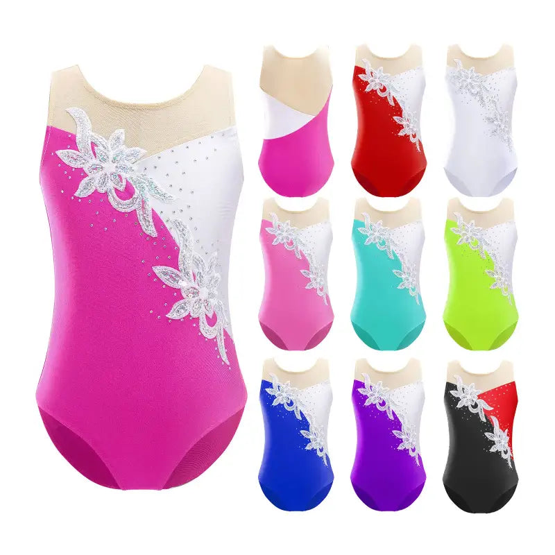 Gymnastics leotard with floral lace applique detail shown in multiple color variations.