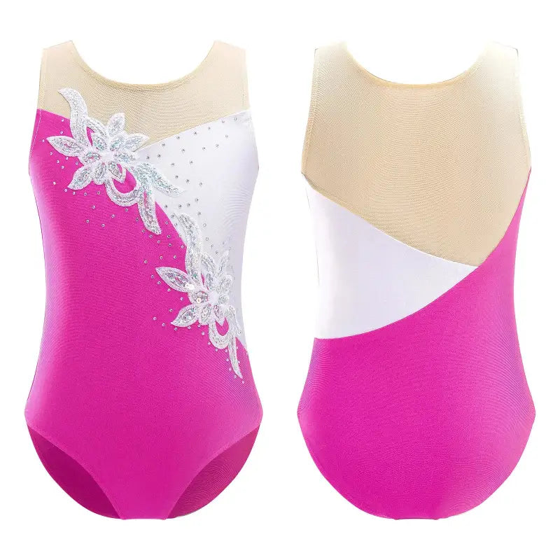 Pink and white gymnastics leotard with floral lace appliqué detailing.