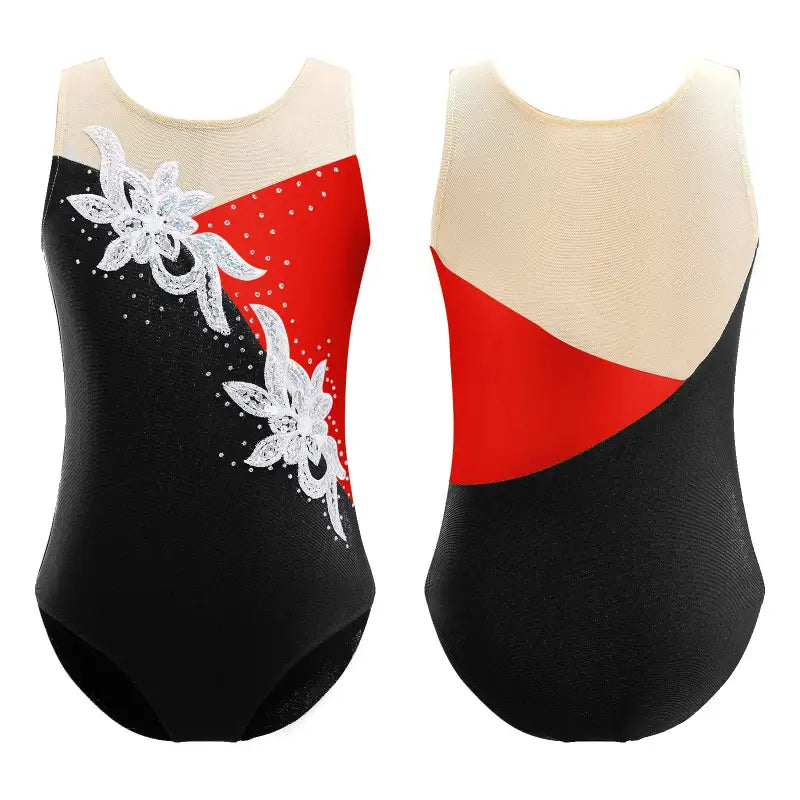 Gymnastics leotard with black, red and cream color blocks featuring white floral appliques and sparkles.