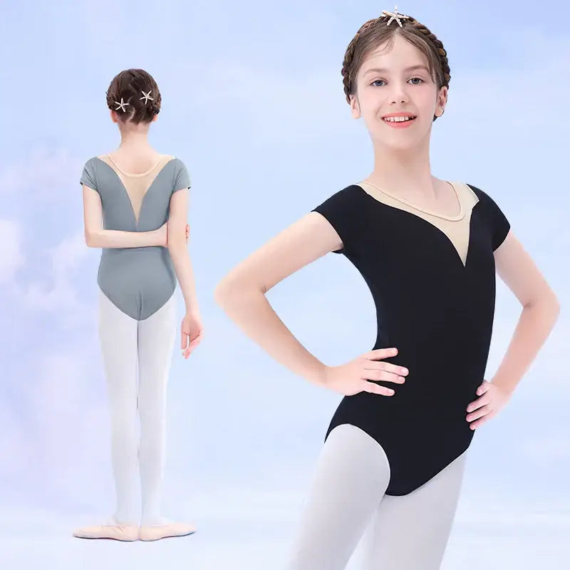 Ballet leotard with asymmetrical neckline design shown in black and gray colors.