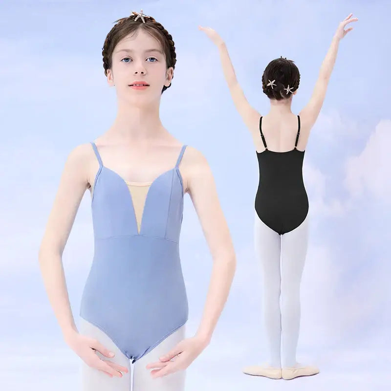 Ballet leotard with thin straps and a plunging mesh V-neckline.