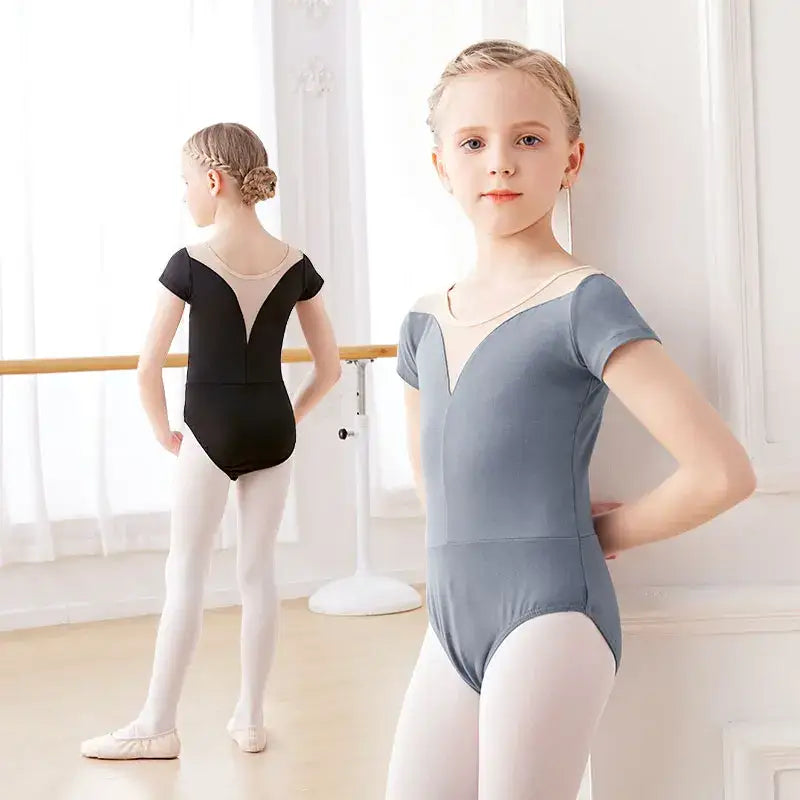 Ballet leotards in black and gray with v-neck designs and short sleeves.