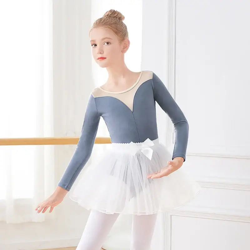 Ballet dancer wearing a blue leotard with mesh detail and white tulle skirt.