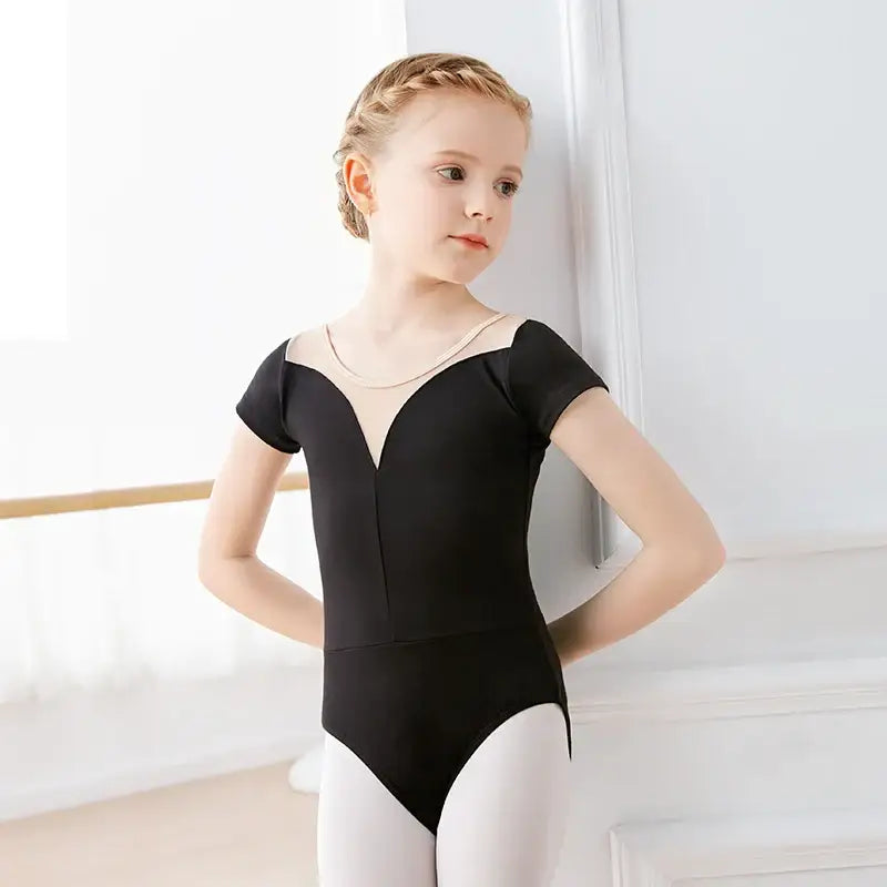 Black ballet leotard with mesh insert and short sleeves.