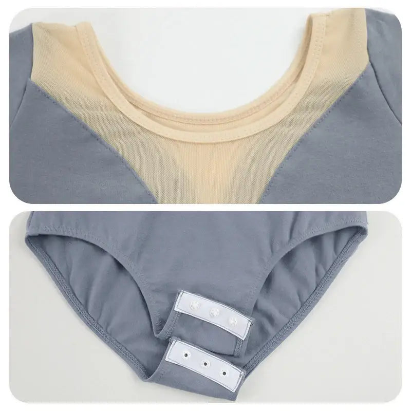 Gray and beige sports bra with matching underwear.