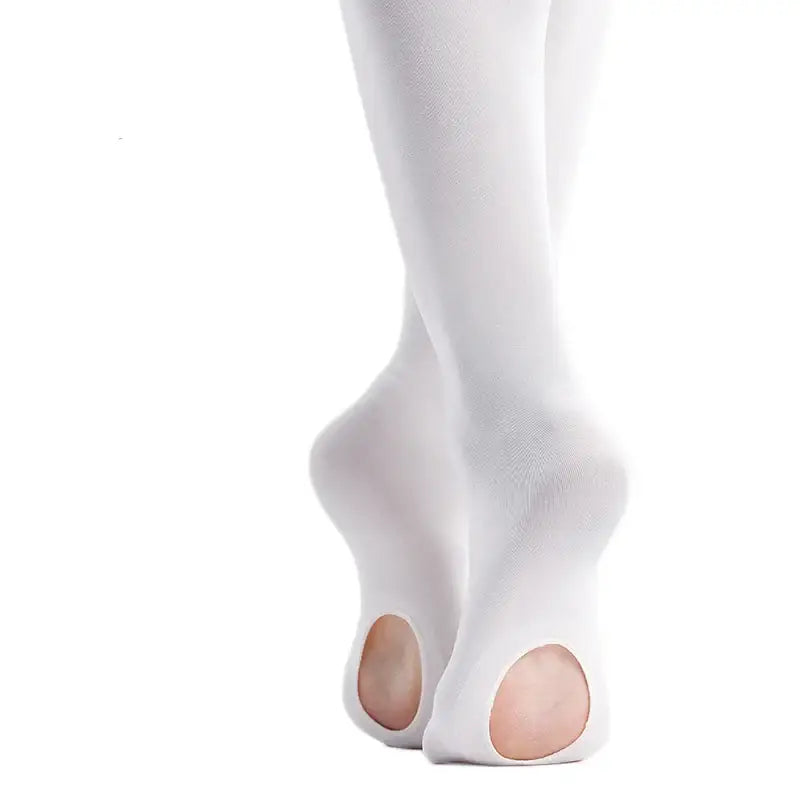 White ballet tights with holes in the soles.