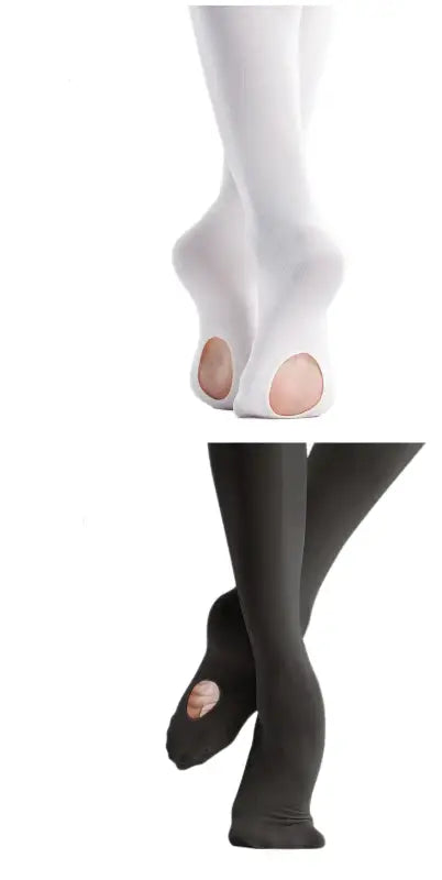 Ballet or dance tights with convertible holes in the soles.