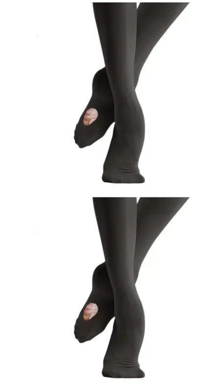 Black dance tights with convertible foot openings.