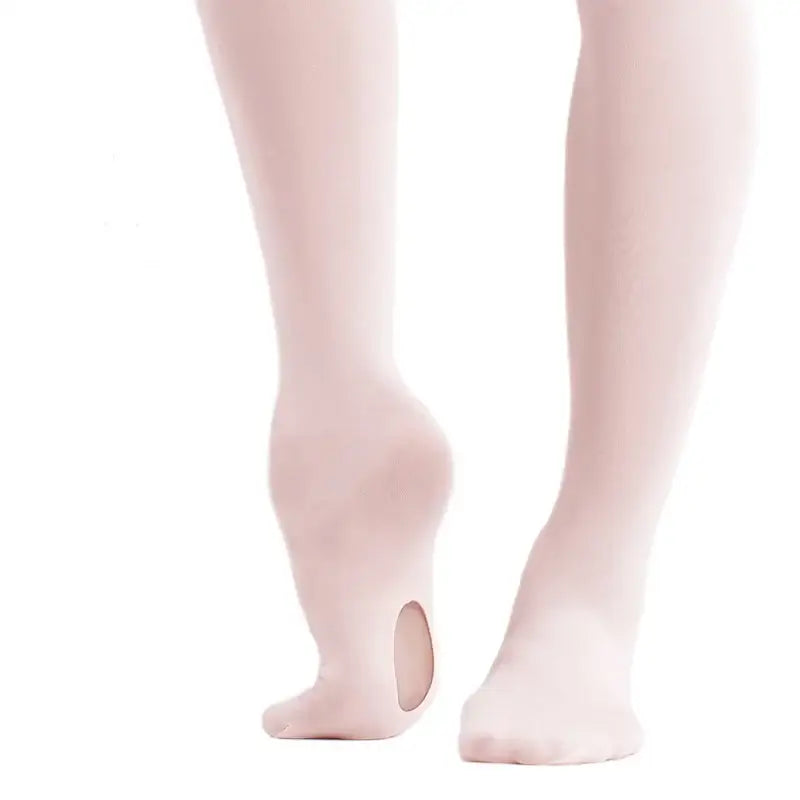 White ballet tights with a hole in the sole.