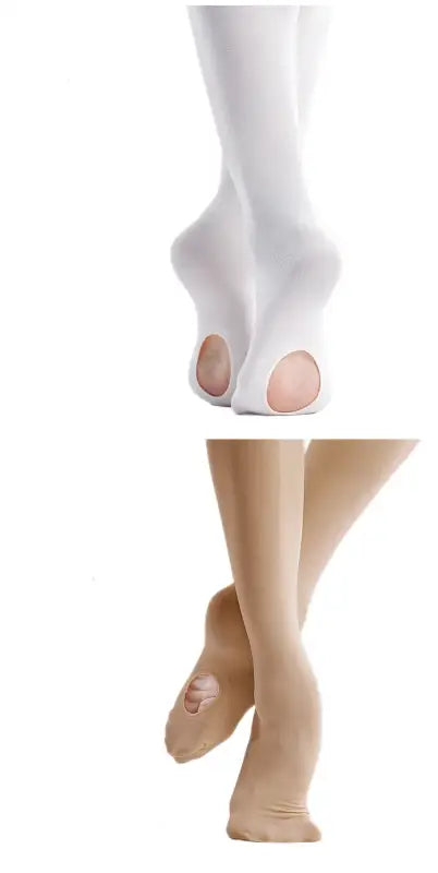 Ballet or dance tights in both white and nude/beige colors with convertible toe openings.