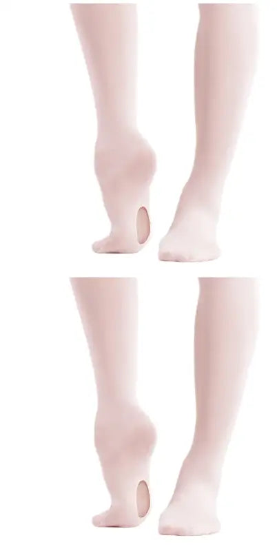 Pink ballet tights shown from ankle to calf in two identical views.