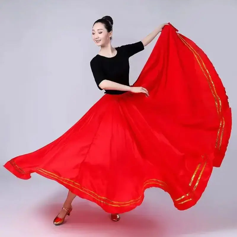 Red dance skirt with gold trim.