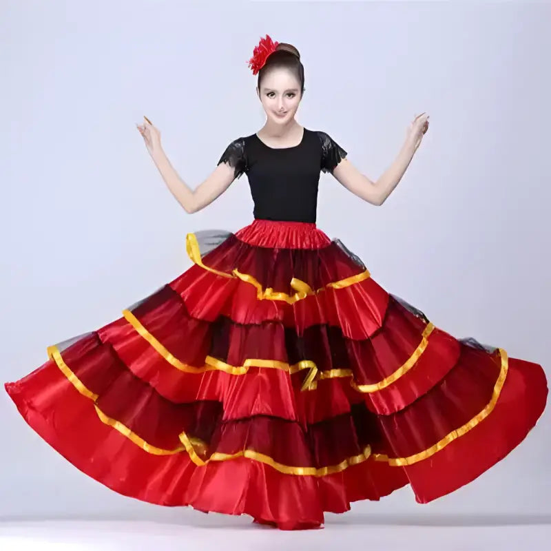 Flamenco dancer in ruffled red and black dress.