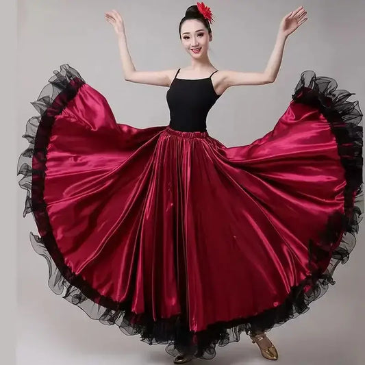 Flamenco dancer in red satin skirt.