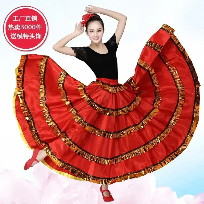 Flamenco dancer in red ruffled skirt.