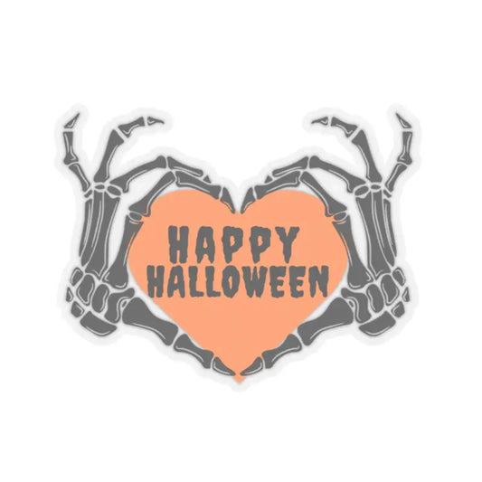 Skeleton hands forming a heart shape with ’Happy Halloween’ text inside.