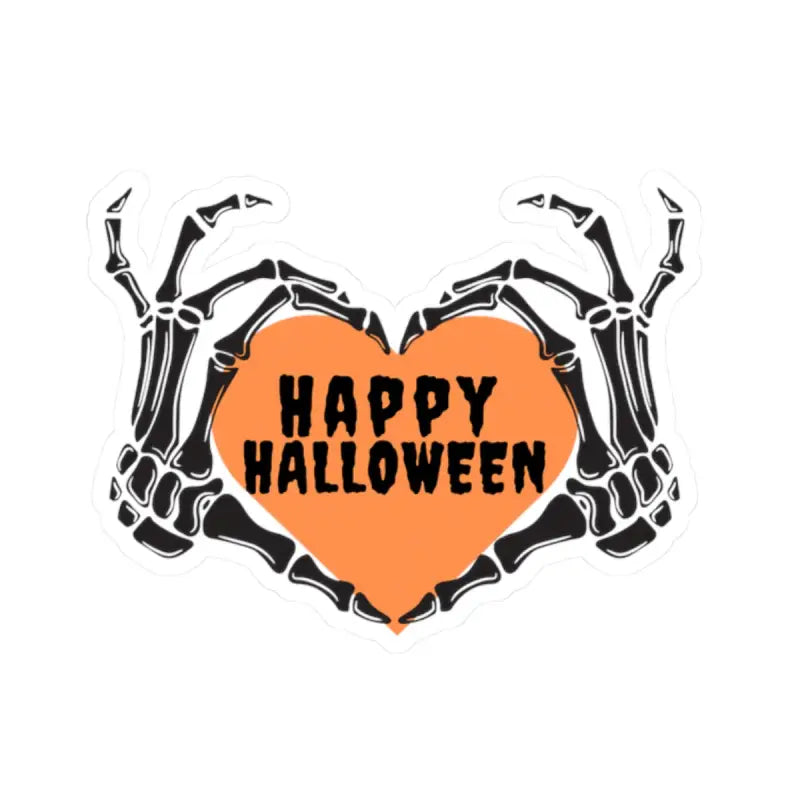 Skeleton hands forming a heart shape with ’HAPPY HALLOWEEN’ text inside.