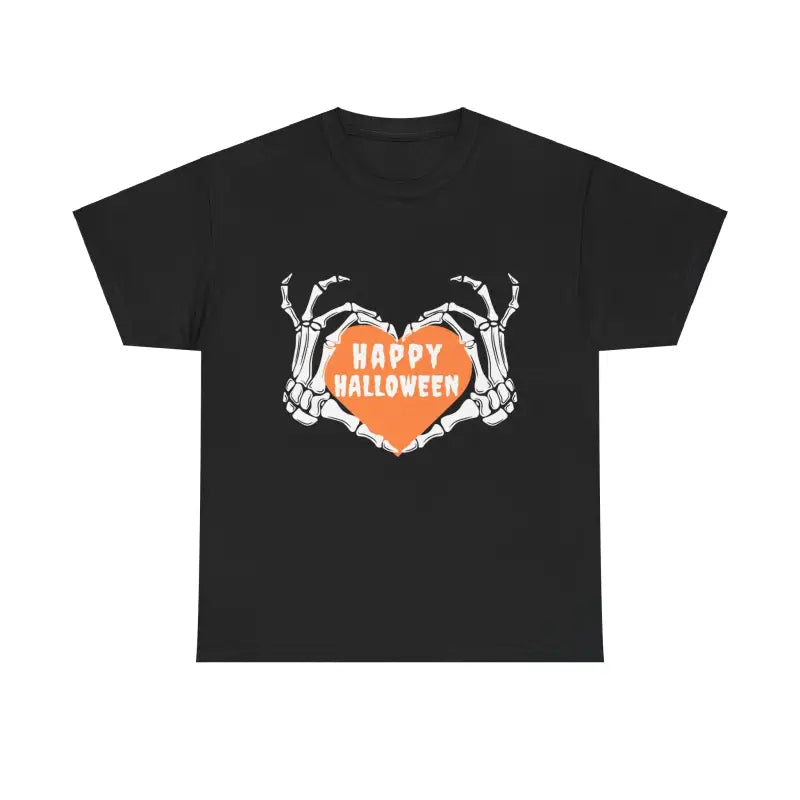 Black t-shirt with skeleton hands forming a heart shape containing ’Happy Halloween’ text in orange.