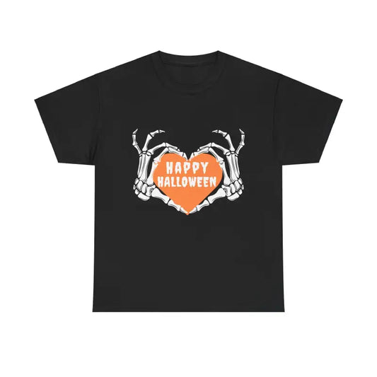 Black t-shirt with skeleton hands forming a heart shape containing ’Happy Halloween’ text in orange.