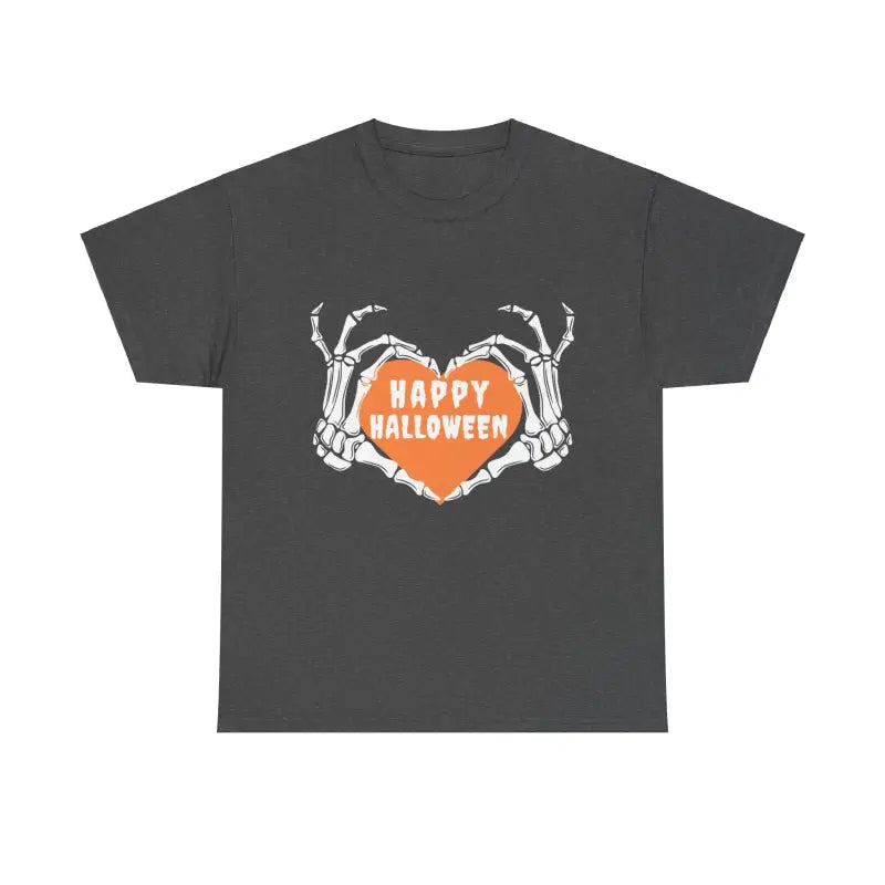Dark gray t-shirt featuring skeleton hands forming a heart shape with ’Happy Halloween’ text inside.