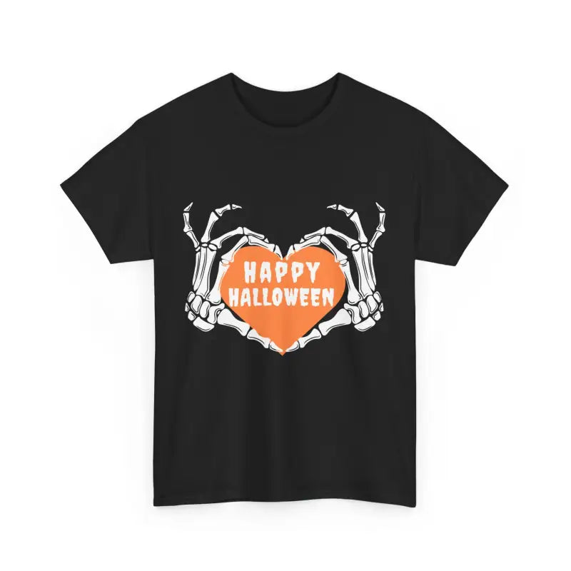 Black t-shirt featuring skeleton hands forming a heart shape with ’Happy Halloween’ text in orange.