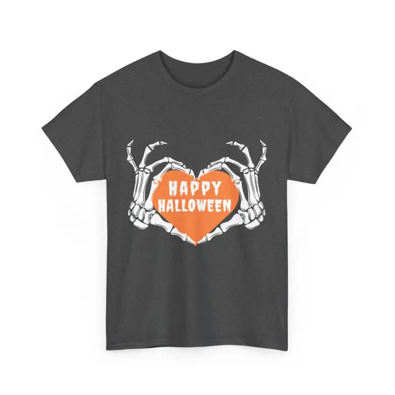 Dark gray t-shirt featuring skeleton hands forming a heart shape with ’Happy Halloween’ text inside.