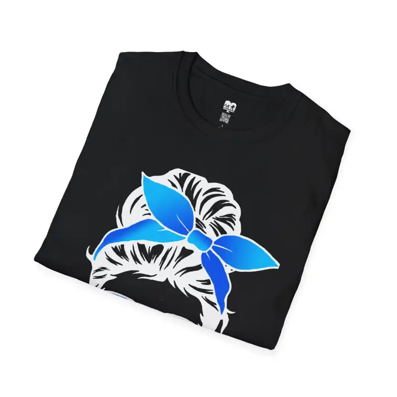 Black t-shirt with a blue and white butterfly design.