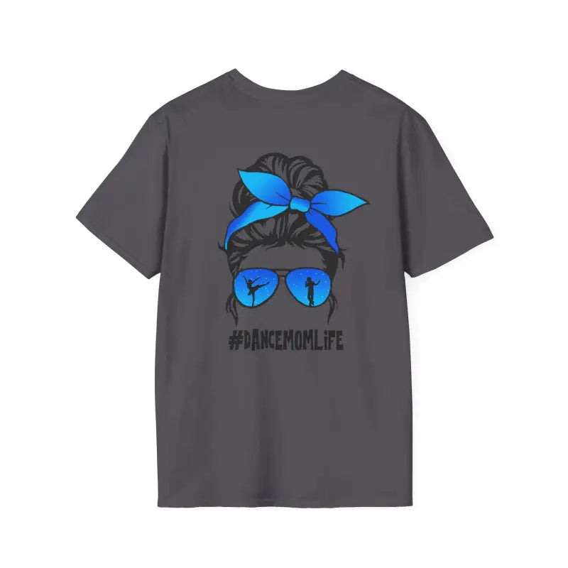 Gray t-shirt featuring a messy bun hairstyle with blue bandana and sunglasses graphic with ’#DANCEMOMLIFE’ text.