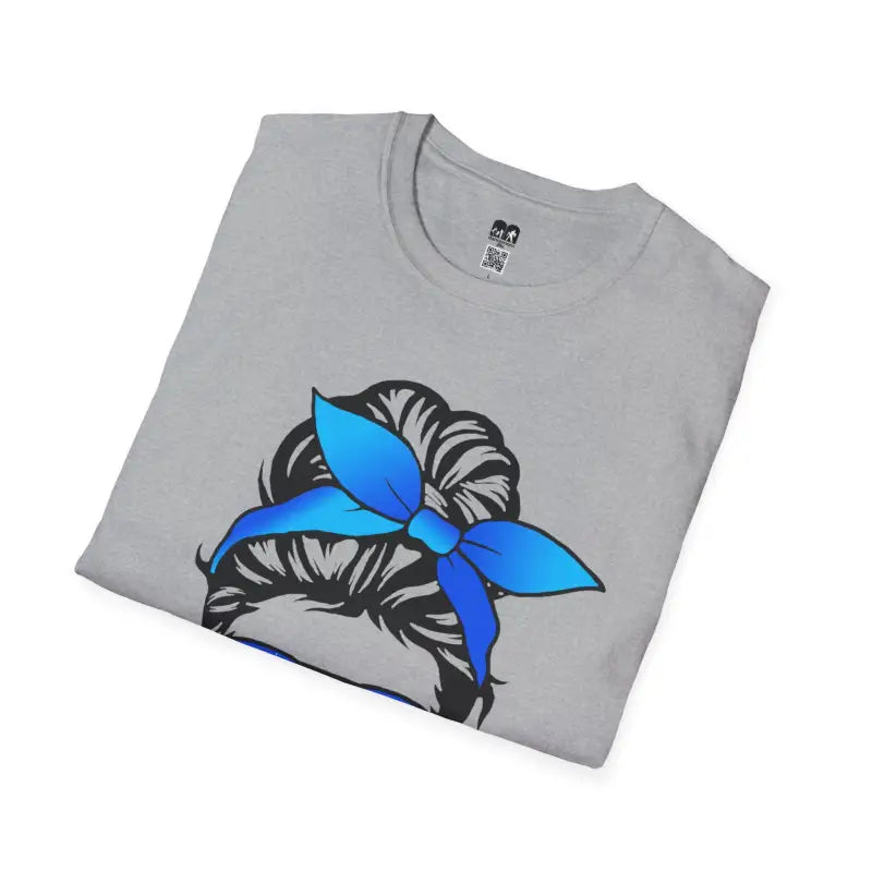 Grey t-shirt with a black and bright blue butterfly design.