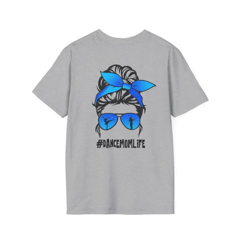 Grey t-shirt featuring a messy bun hairstyle with blue bandana and sunglasses graphic with ’#DANCEMOMLIFE’ text.