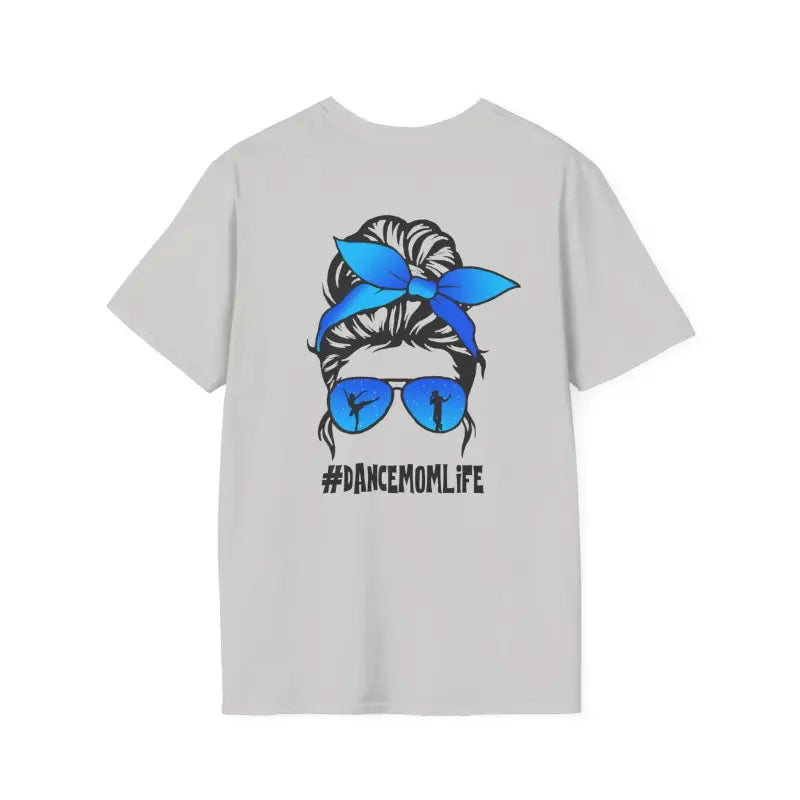 Grey t-shirt featuring a messy bun hairstyle with blue bandana and sunglasses graphic labeled ’#DANCEMOMLIFE’