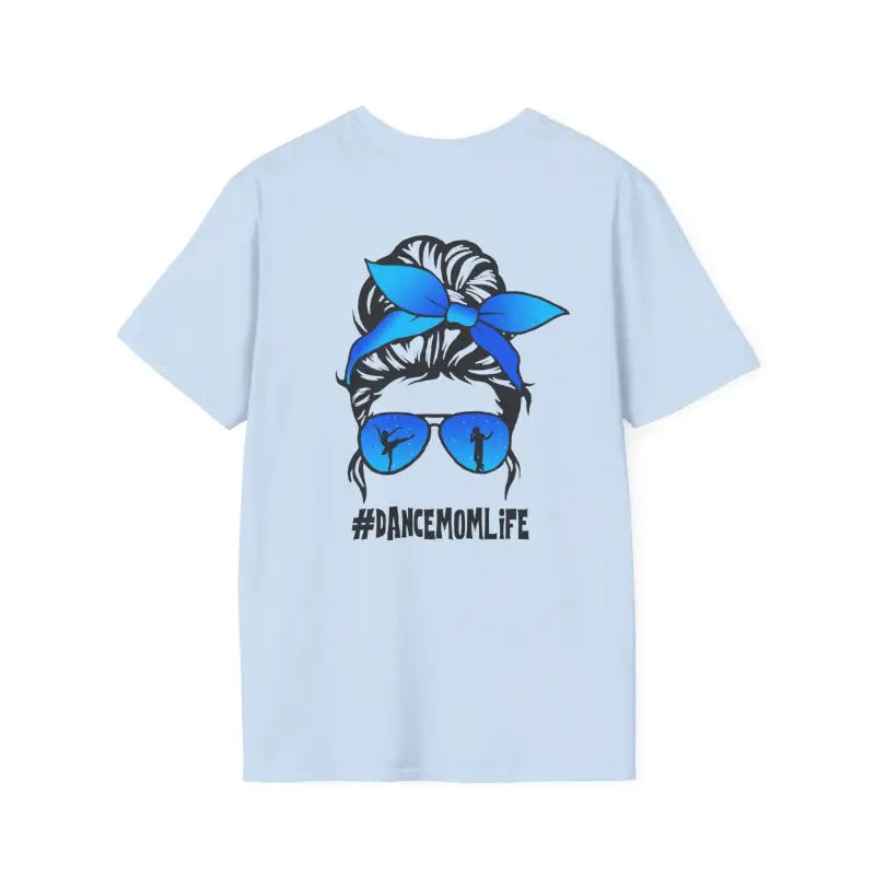 Light blue t-shirt with ’#DANCEMOMLIFE’ text and an illustration of a messy bun hairstyle with bandana and sunglasses.