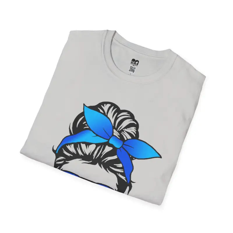 Light gray t-shirt featuring a black and white messy bun hairstyle design with a bright blue bow.
