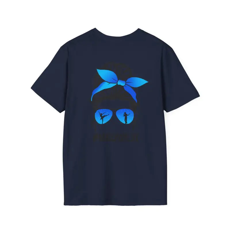Navy blue t-shirt with a blue bandana and sunglasses design printed on it.