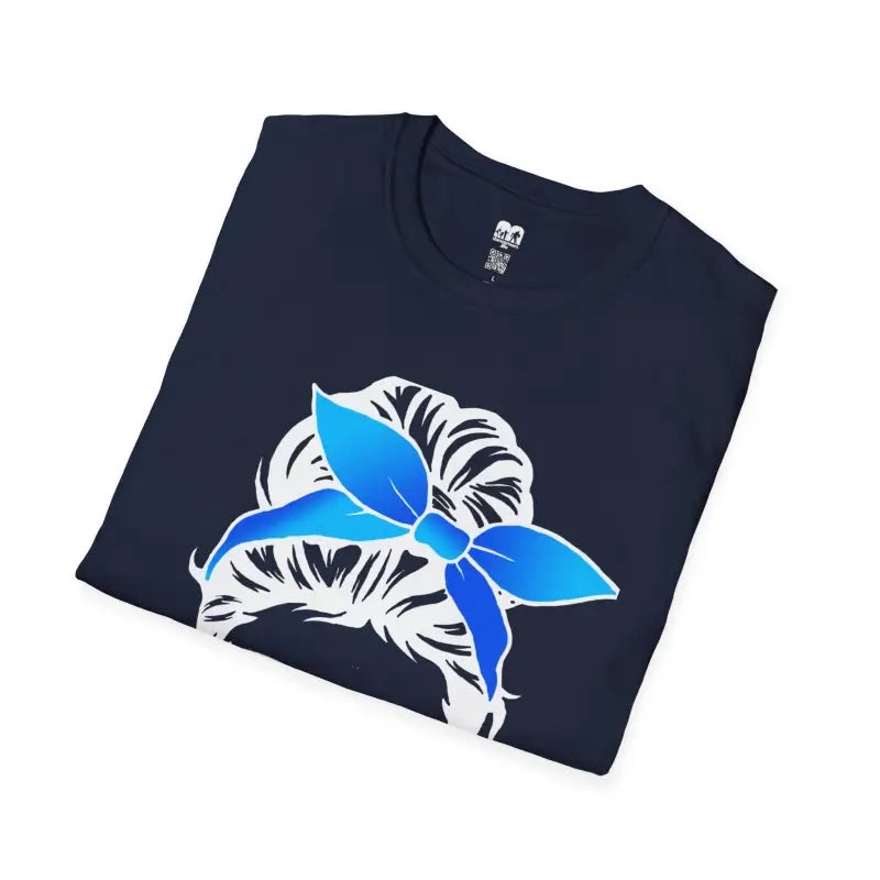 Navy blue t-shirt with a white and bright blue butterfly design.