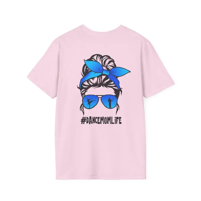 Pink t-shirt featuring a cartoon illustration of a head wearing blue sunglasses and bandana with ’#DANCEMOMLIFE’ text.