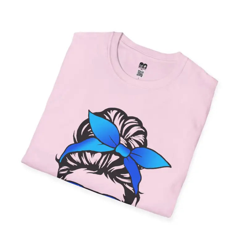 Pink t-shirt featuring a messy bun hairstyle with a blue bow design.