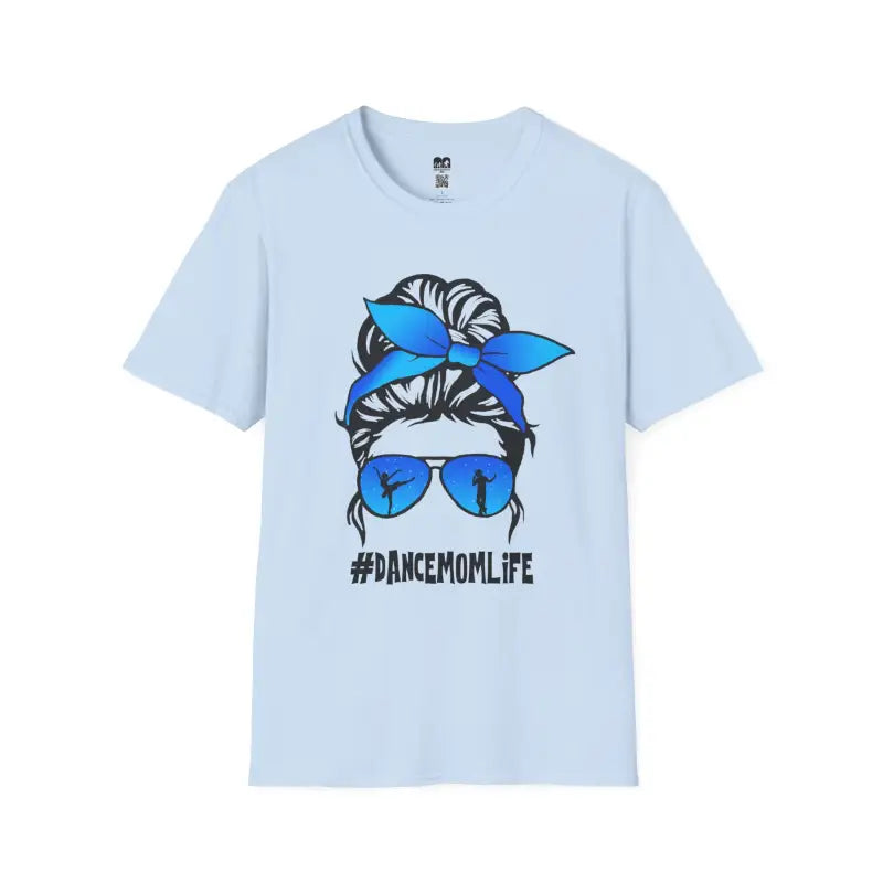 Light blue t-shirt featuring a messy bun hairstyle with sunglasses and blue bandana graphic, with ’#DANCEMOMLIFE’ text below.