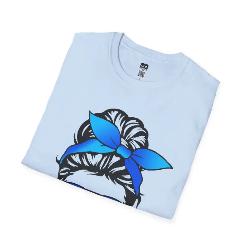 White t-shirt with a black and blue butterfly design printed on it.